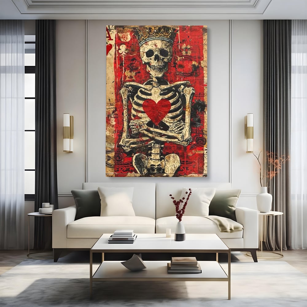 Tablou canvas cu tablou canvas cu schelet purtand coroana, fara rama, pe sasiu de lemn, pe perete intr-un living